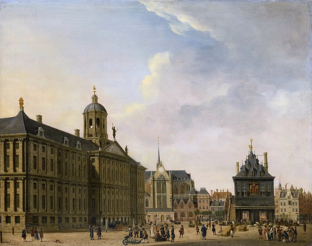 Hand painted landscape oil painting of historic square with detailed architecture and figures, textured brushwork on canvas. - Add Frame, Architecture, Canvas, Figure, Hand Painted, Landscape, Made To Order, Oil Painting