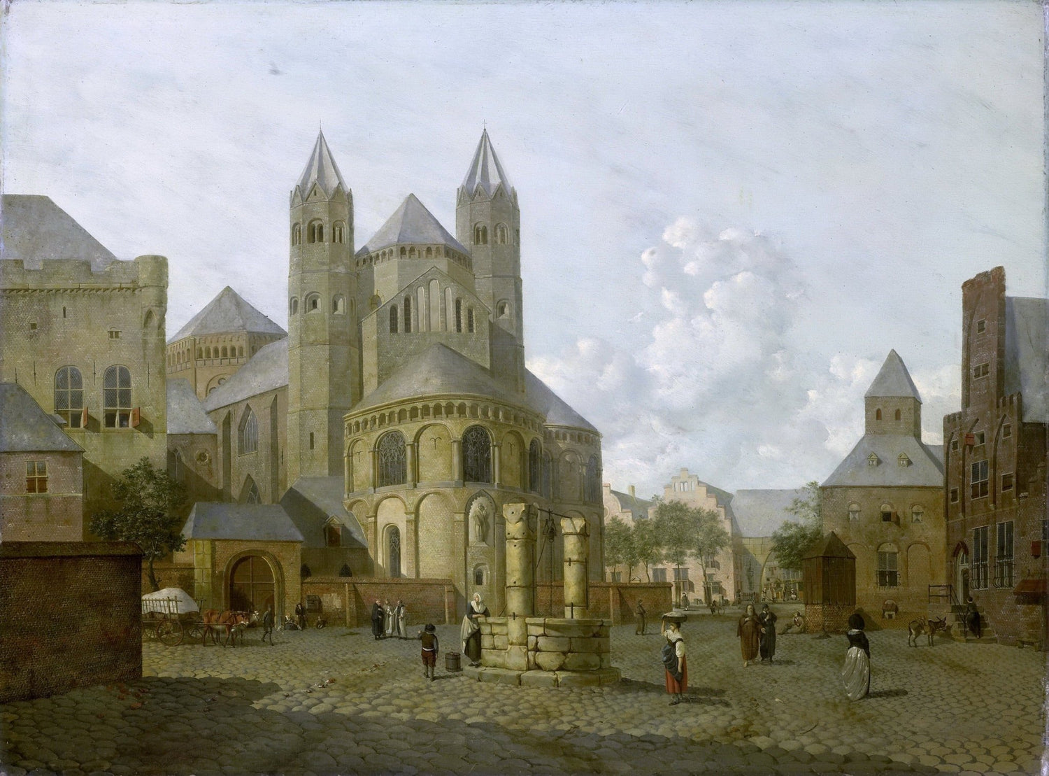 Historic town square landscape oil painting with church and figures, hand painted oil on canvas with textured brushwork. - Add Frame, Architecture, Canvas, Church, Figure, Hand Painted, Landscape, Made To Order, Oil Painting, Village