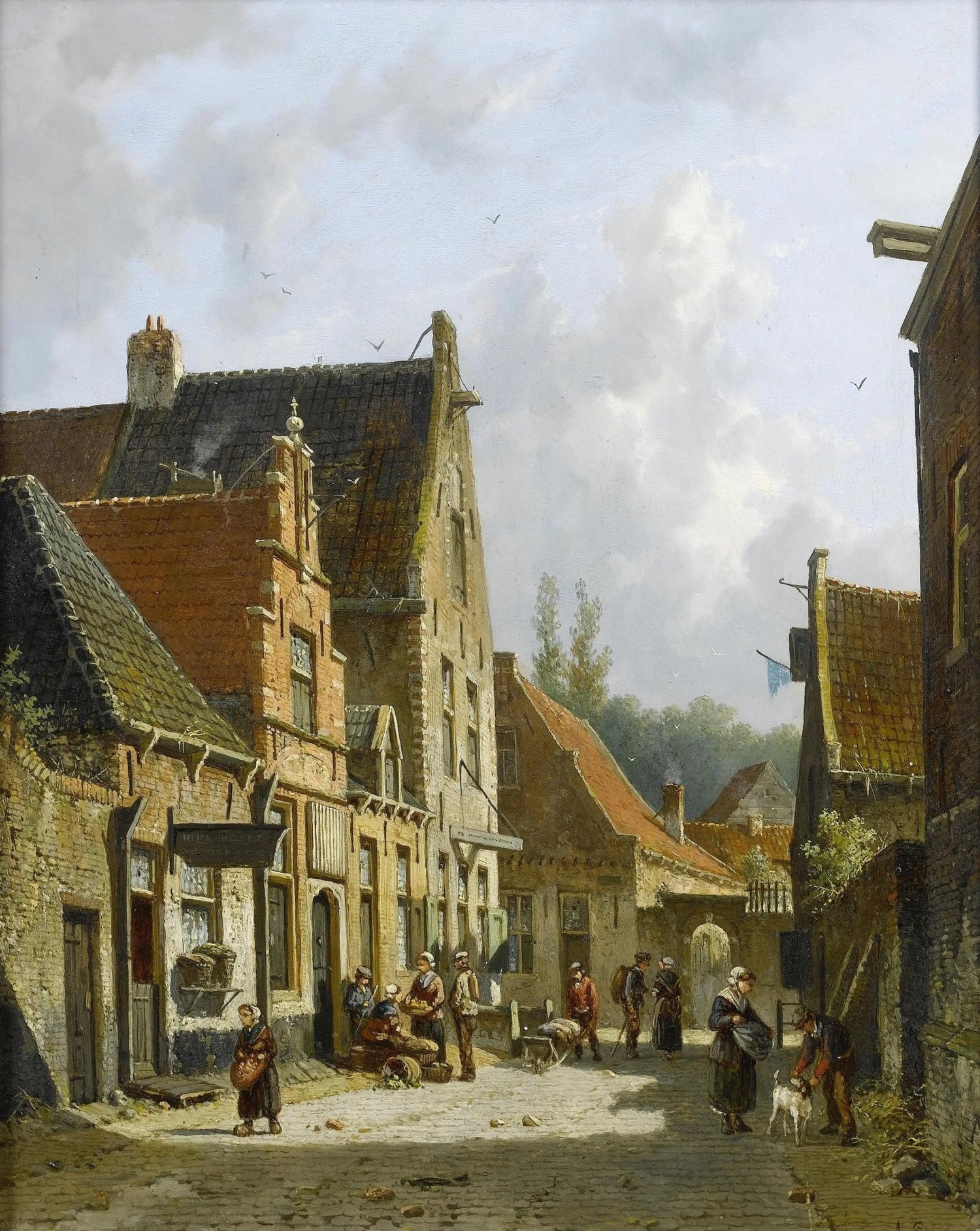Historic town street scene with figures in textured hand painted oil on canvas landscape oil painting. - Add Frame, Animal, Architecture, Canvas, Figure, Hand Painted, Landscape, Made To Order, Oil Painting, Village