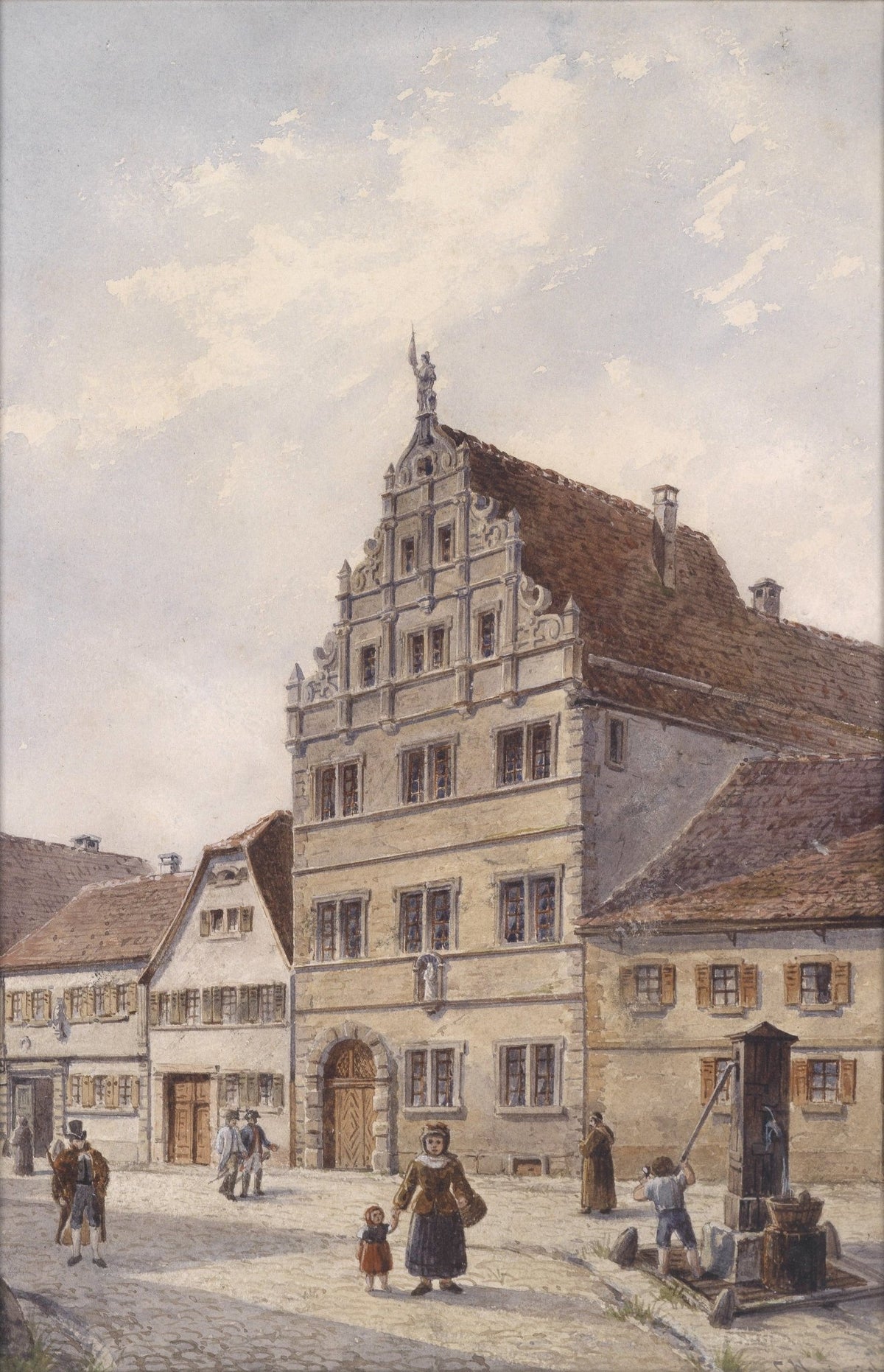 Hand-painted historic townhouse and village well landscape oil painting on canvas
