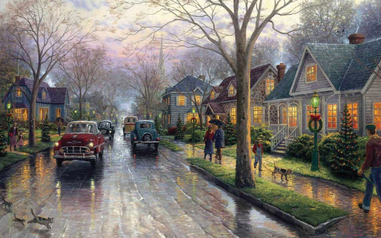 Landscape Oil Painting - Holiday Small Town Rainy Street With Cars - Oil Painting Haven