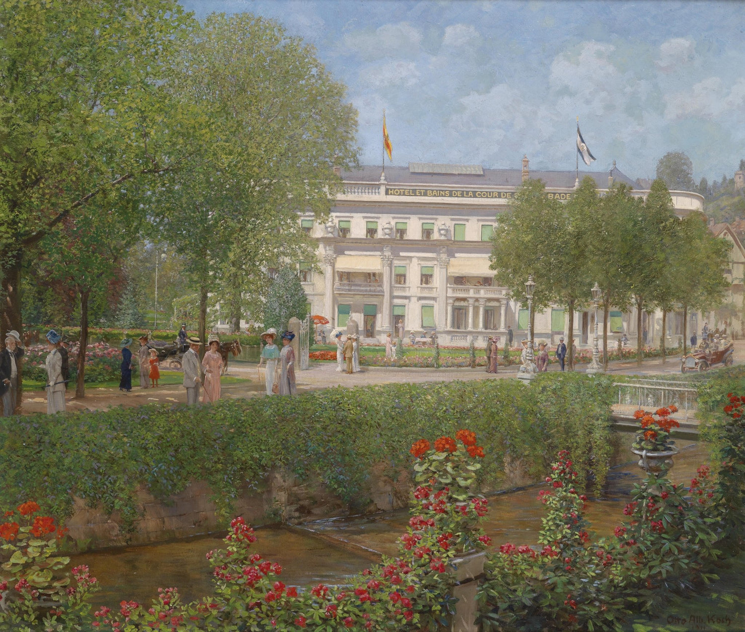 Landscape Oil Painting - Hotel Bains Baden Garden & Vintage Crowds - Oil Painting Haven