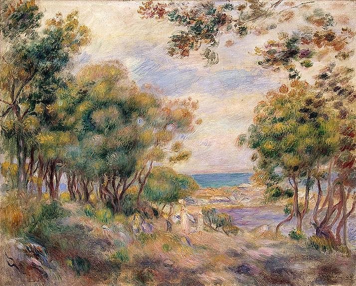 Hand-painted impressionist coastal grove and sea view landscape oil painting on canvas