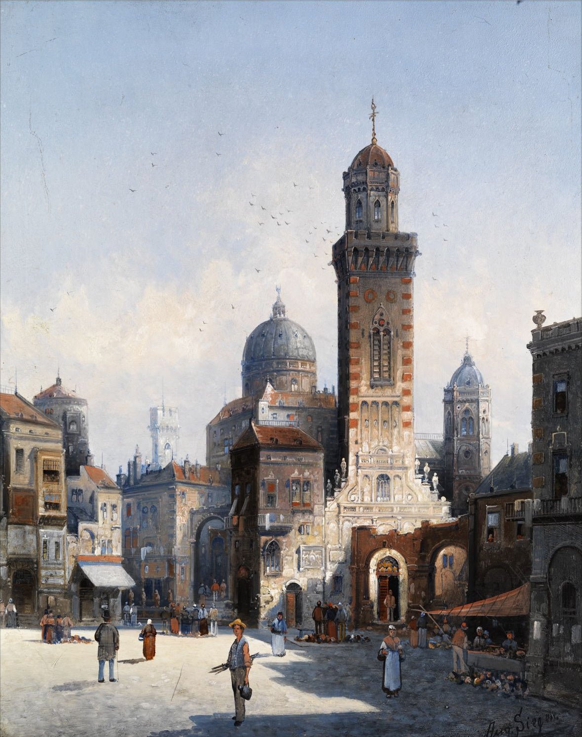 Hand-painted italian cathedral square and market landscape oil painting on canvas