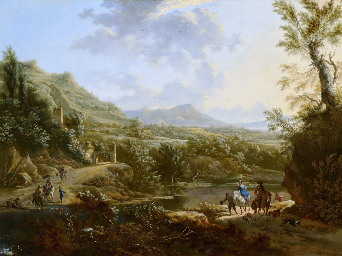 Hand painted oil on canvas landscape oil painting of Italian countryside with textured brushwork, featuring figures riding. - Add Frame, Canvas, Country, Figure, Hand Painted, Landscape, Made To Order, Oil Painting, River