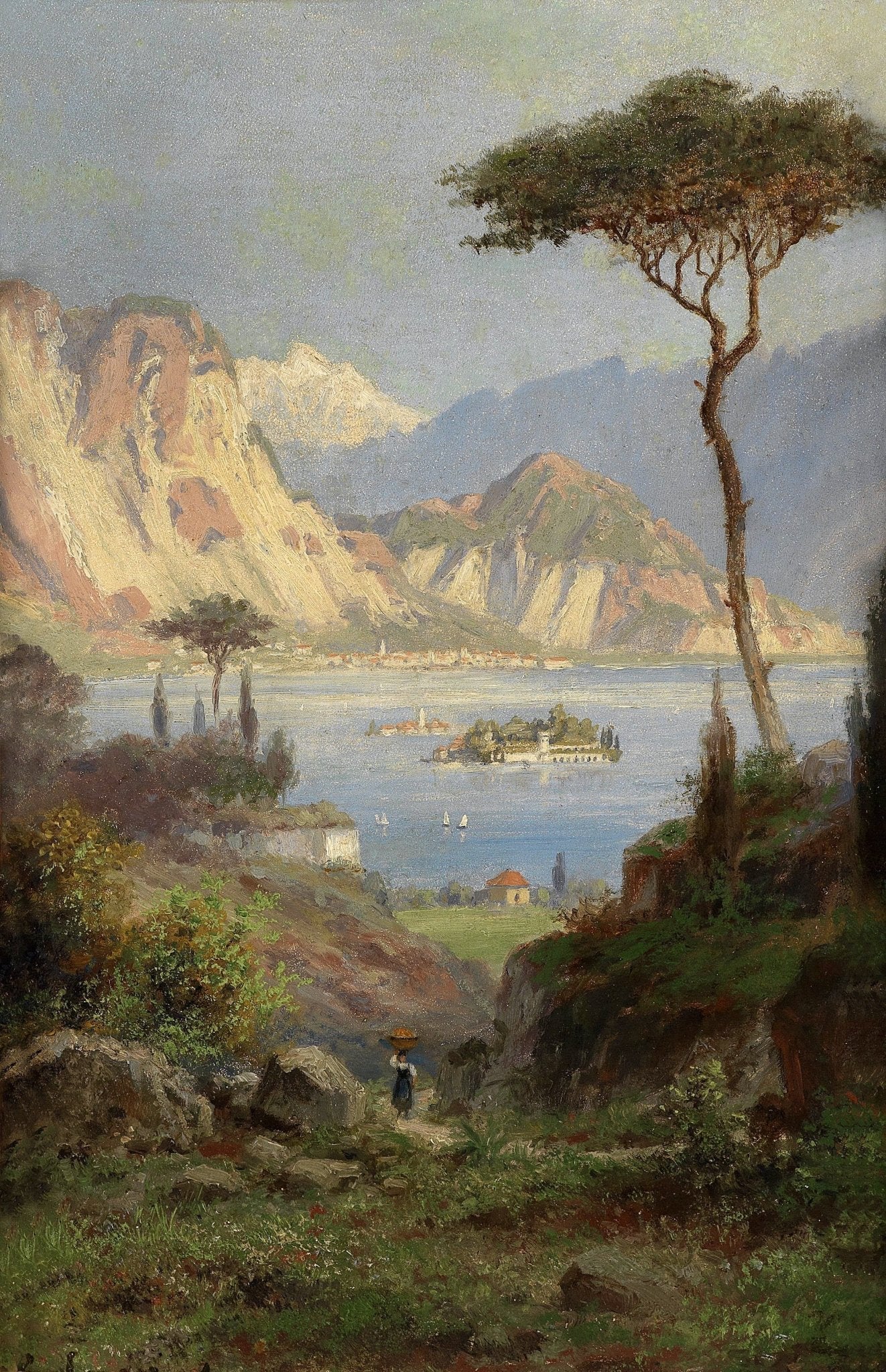Landscape Oil Painting - Italian Lake, Mountain Peaks & Path Figure - Oil Painting Haven