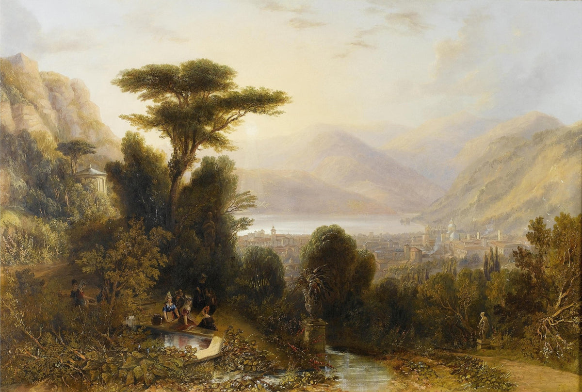 Hand-painted italian lake town and garden view landscape oil painting on canvas