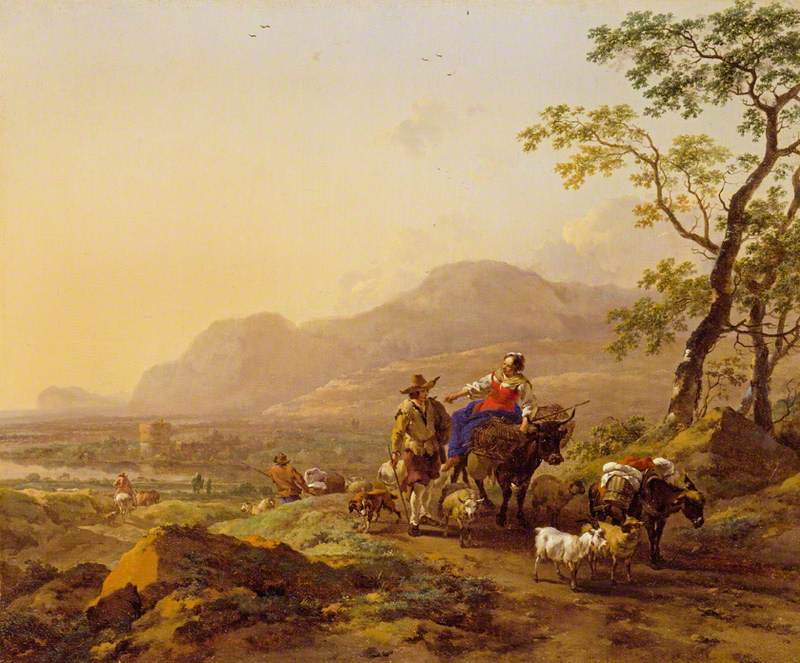 Hand-painted italian path with donkeys and goats landscape oil painting on canvas
