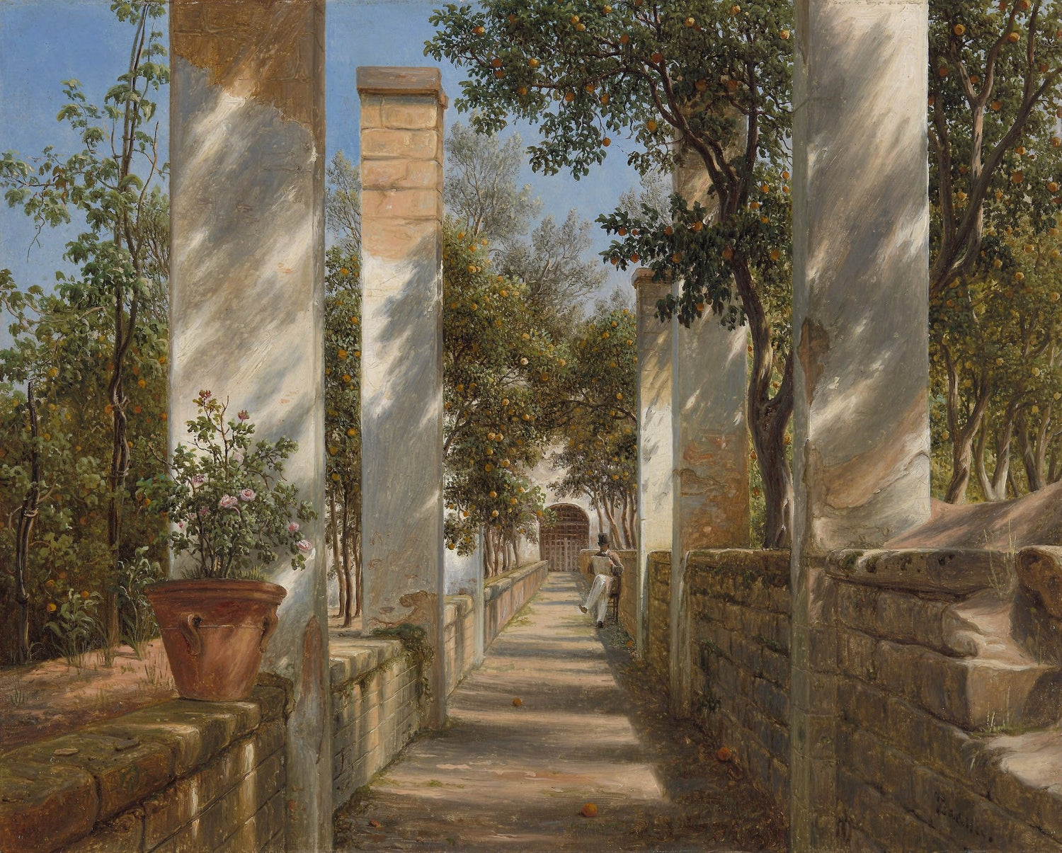 Hand-painted italian pergola walkway with orange trees landscape oil painting on canvas