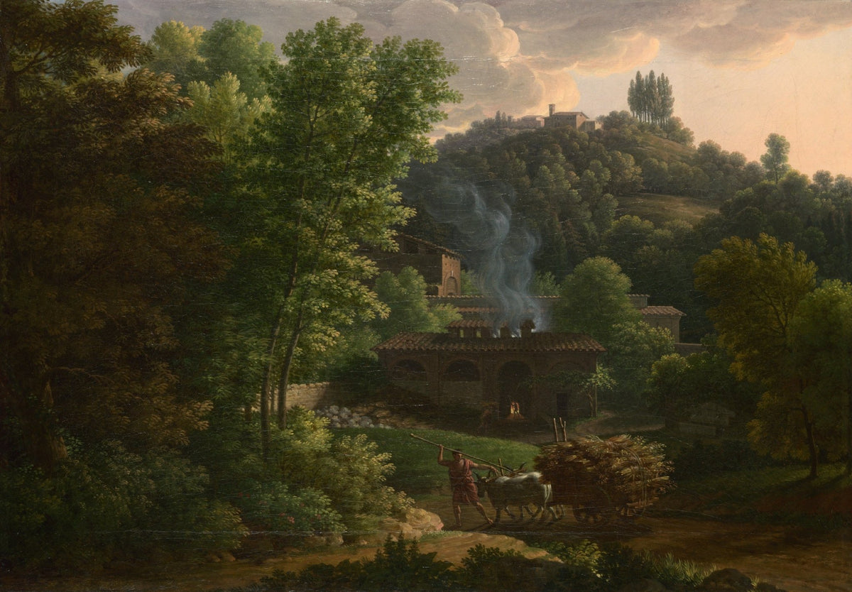 Hand-painted italian woodland farm at dusk landscape oil painting on canvas