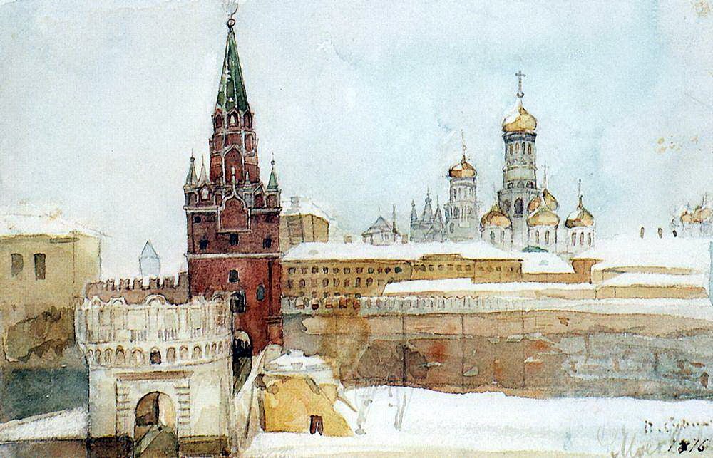 Hand-painted kremlin winter view with red tower landscape oil painting on canvas