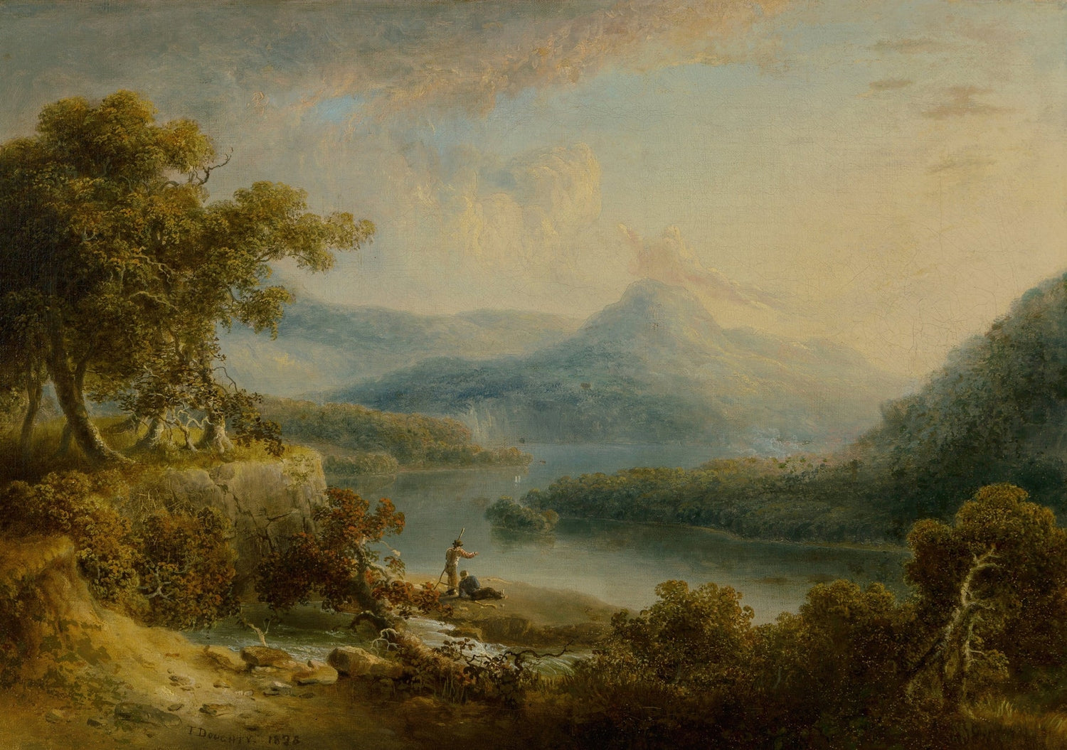 Landscape Oil Painting - Lake, Lakeside Angler & Mountain Peaks - Oil Painting Haven