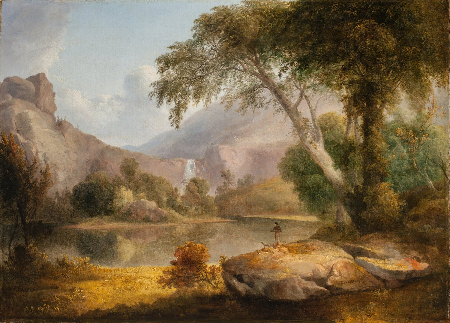 Landscape Oil Painting - Lake, Large Trees, Mountain Waterfall & Figure - Oil Painting Haven