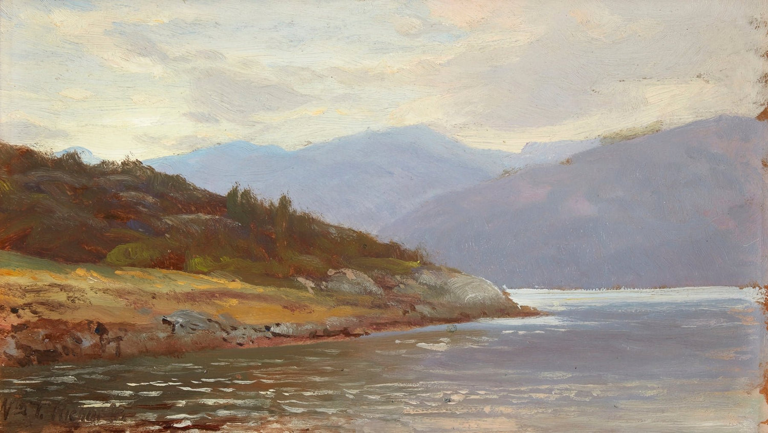 Landscape oil painting of a rocky lake shore with vegetation and distant blue mountains, textured brushwork on canvas. - Canvas, Coastal, Hand Painted, Lake, Landscape, Made To Order, Mountain, Oil Painting