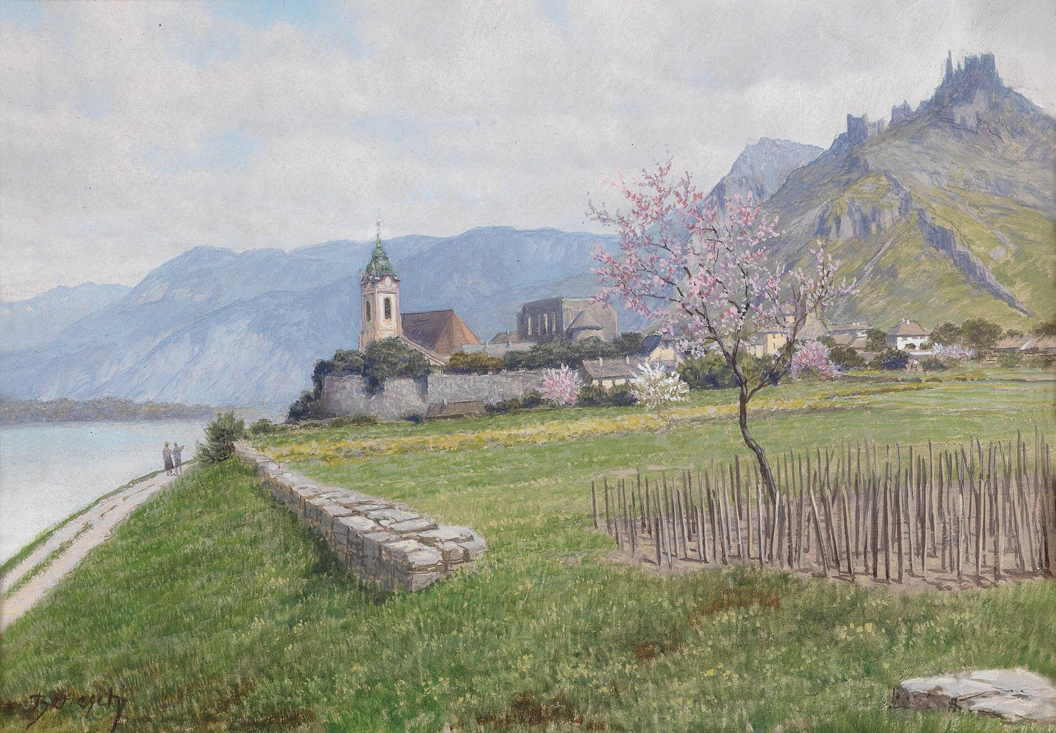 Landscape Oil Painting - Lake Shore Village, Blossom Tree & Church - Oil Painting Haven