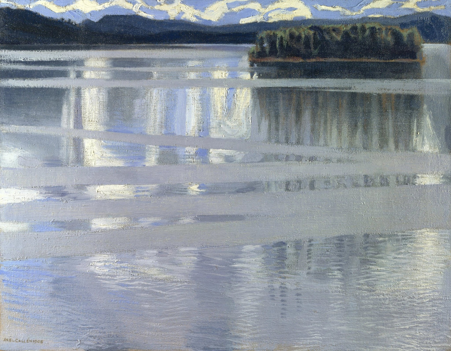 Landscape Oil Painting - Lake with Island & Sky Reflections - Oil Painting Haven