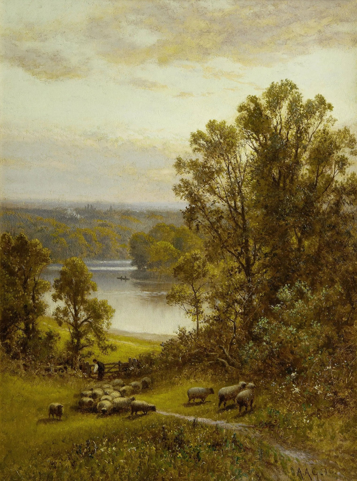 Landscape oil painting of a serene lake surrounded by lush trees and rolling hills, featuring a small herd of sheep and a. - Add Frame, Animal, Canvas, Country, Farm, Figure, Forest, Hand Painted, Lake, Landscape, Made To Order, Oil Painting, Road