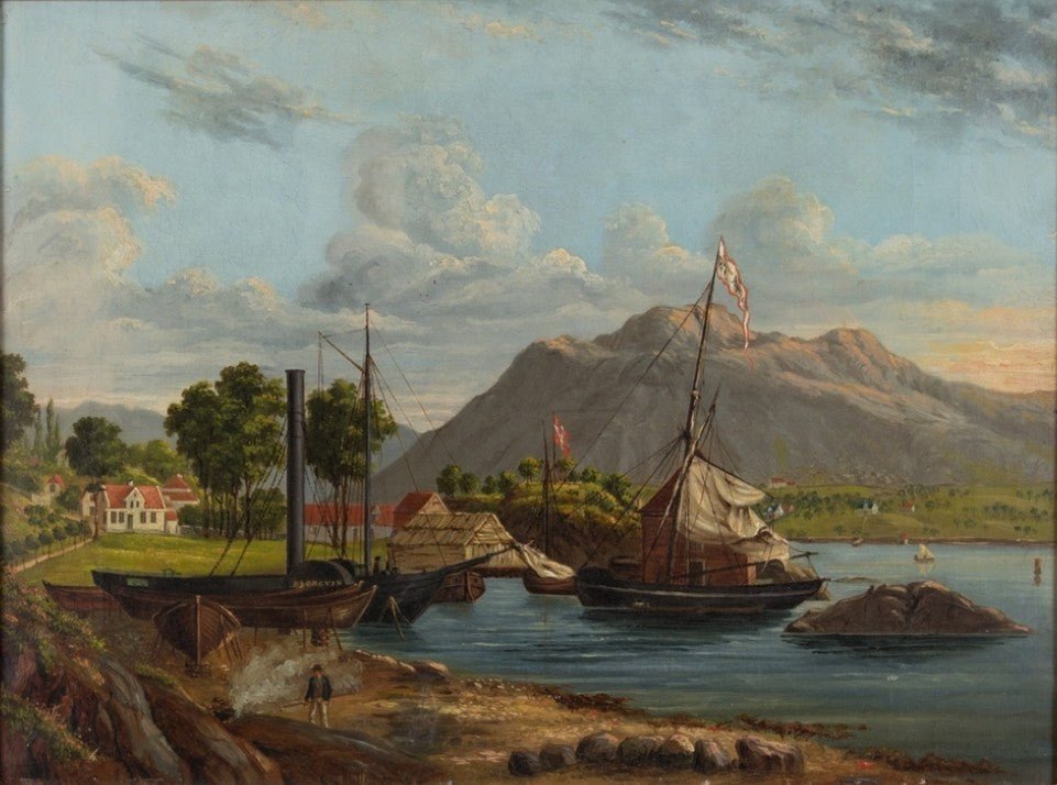 Hand-painted lakeside boats and mountain view landscape oil painting on canvas