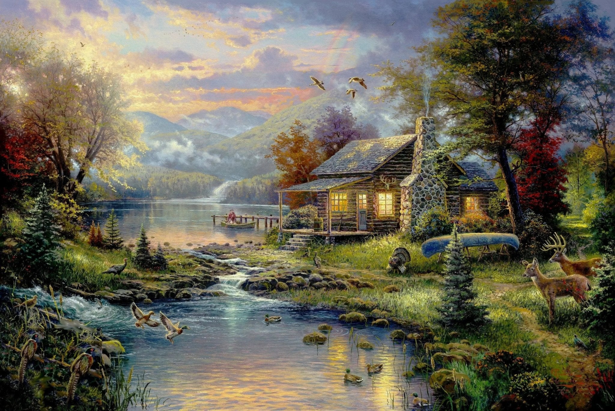 Lakeside Cabin with Wildlife & Stream Oil Painting on Canvas – Oil ...