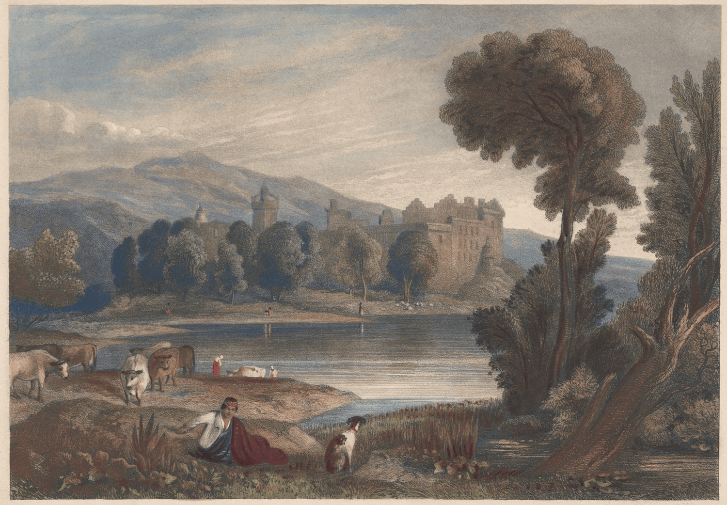 Hand-painted lakeside castle with cattle and hills landscape oil painting on canvas