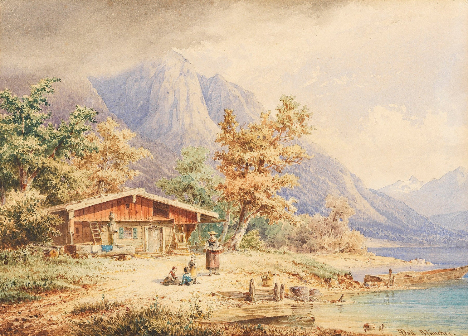 Hand-painted lakeside chalet and alpine mountains landscape oil painting on canvas