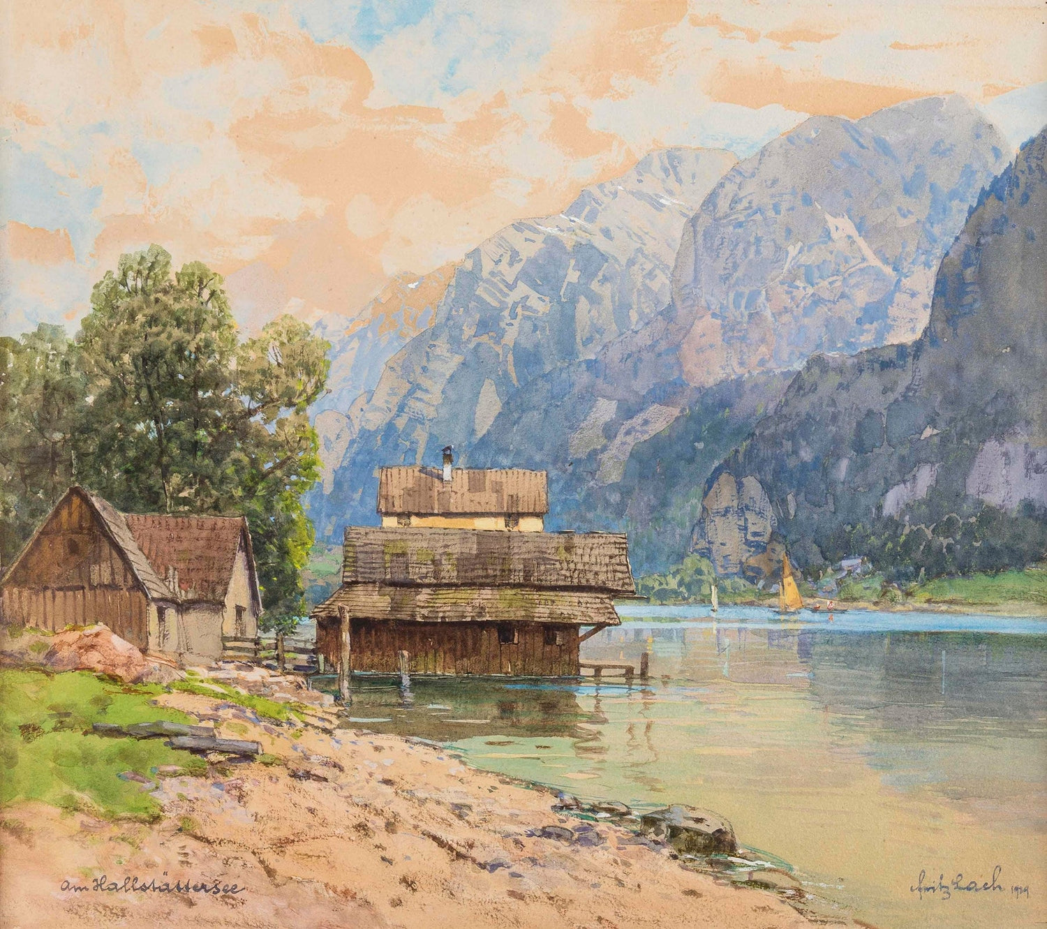 Hand-painted lakeside chalet and alpine peaks landscape oil painting on canvas