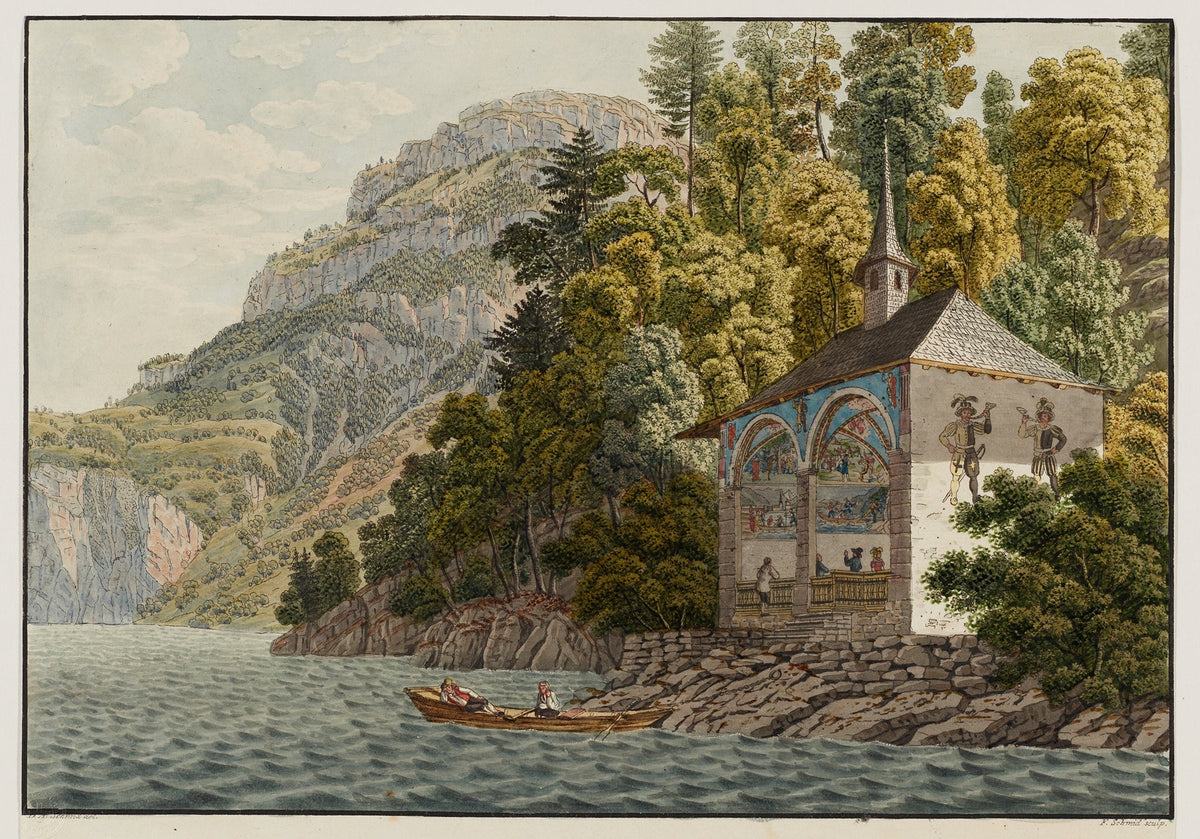 Hand-painted lakeside chapel with mountain cliffs landscape oil painting on canvas