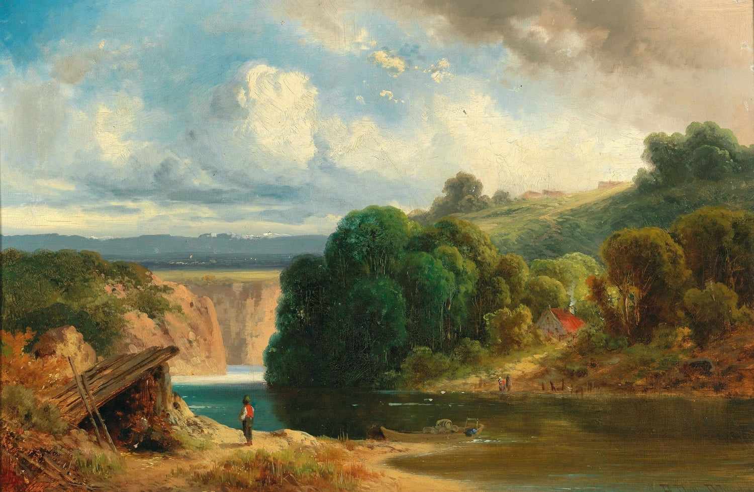 Hand-painted lakeside cottage and distant falls view landscape oil painting on canvas