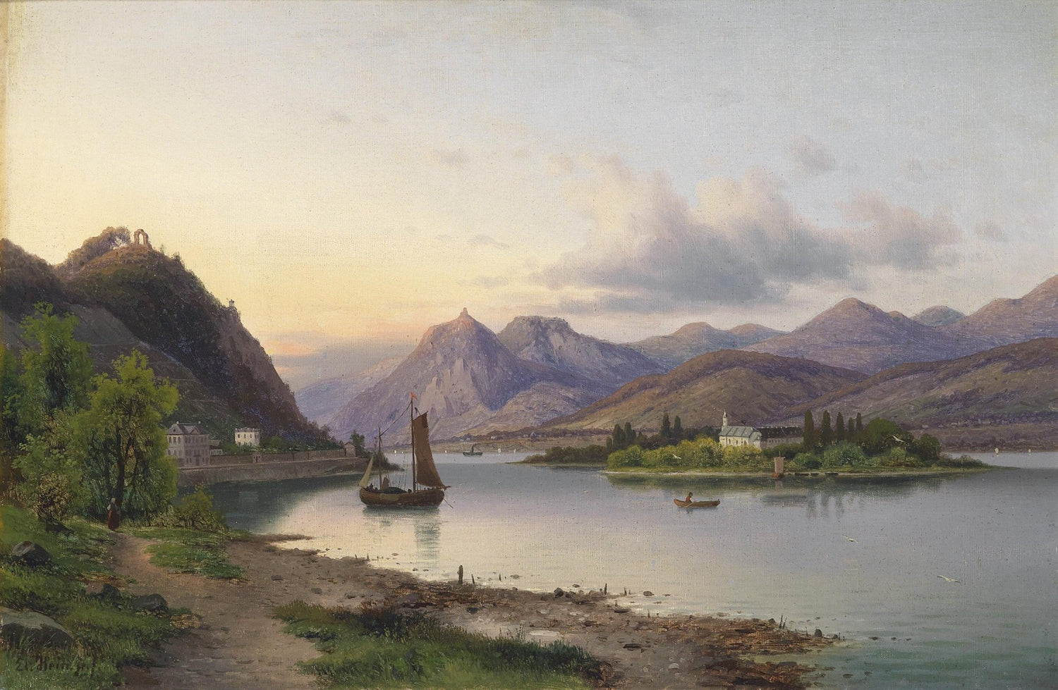 Landscape Oil Painting - Lakeside Evening, Sailboa & Mountain Ruins - Oil Painting Haven