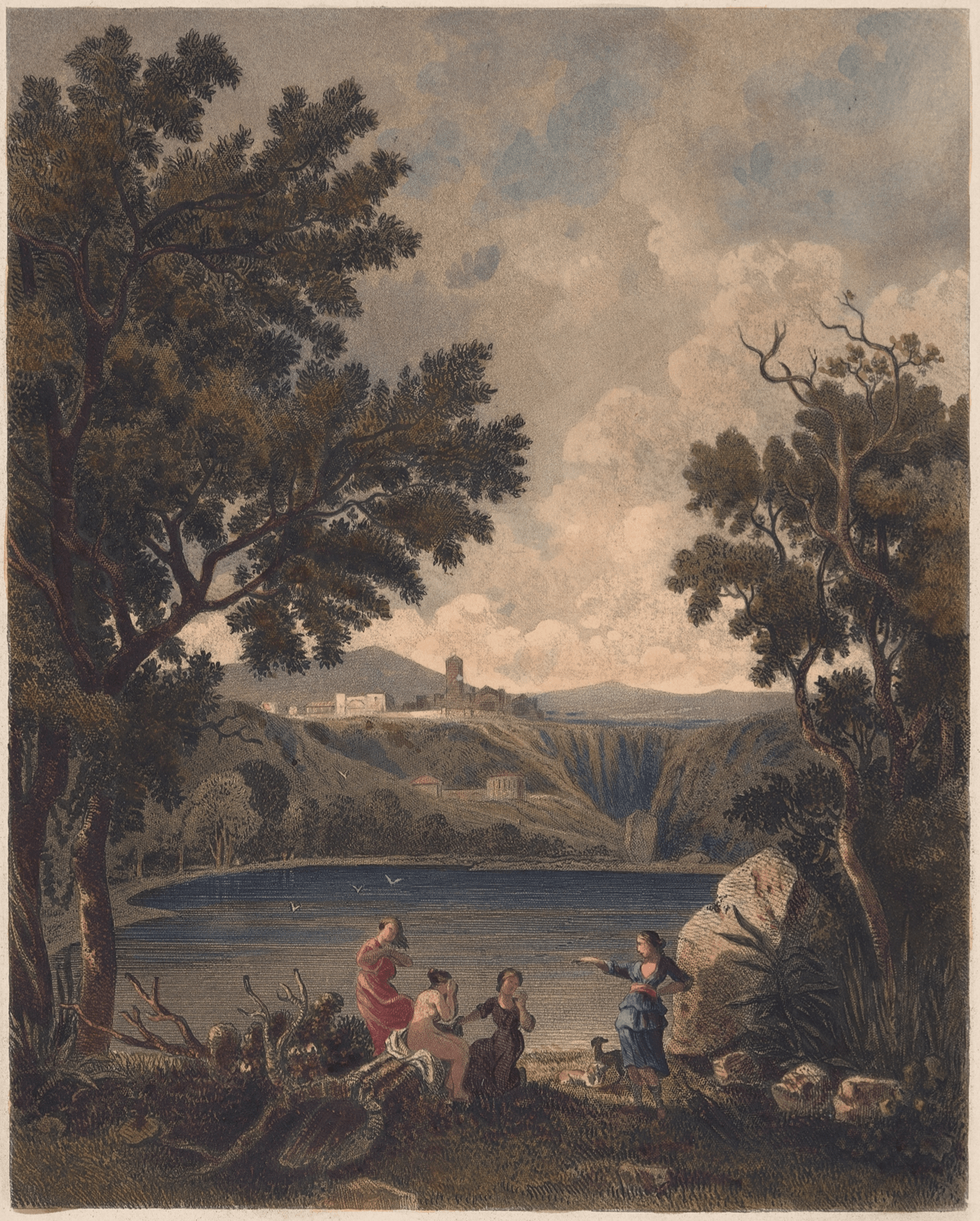 Hand-painted lakeside figures with distant hill ruins landscape oil painting on canvas