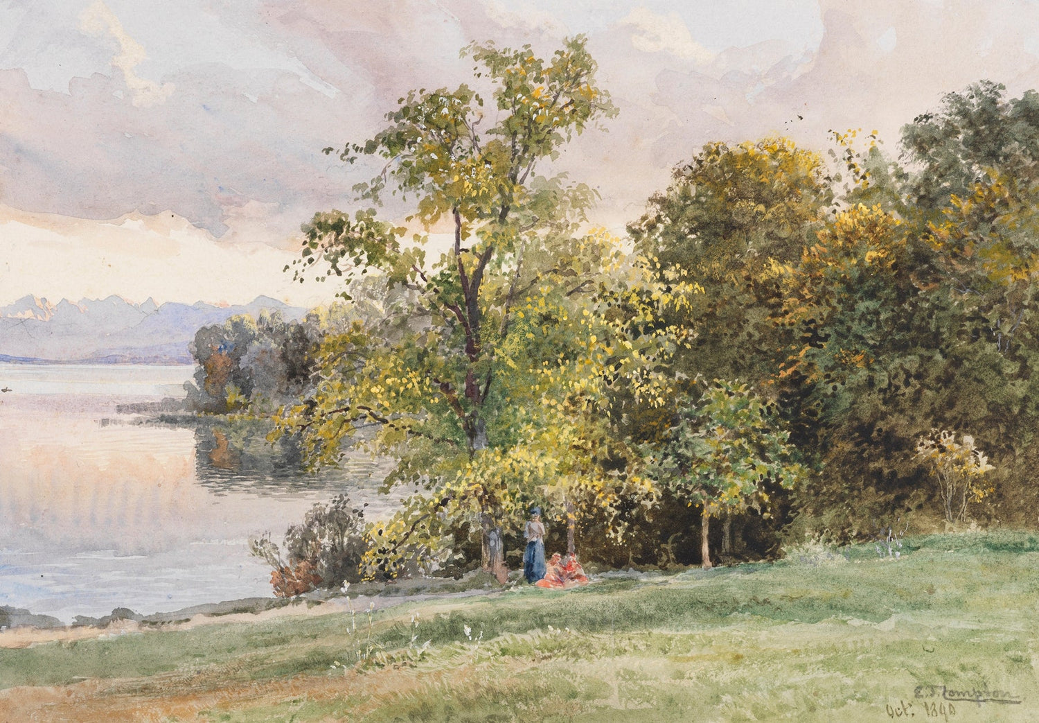 Hand-painted lakeside grove and autumn trees landscape oil painting on canvas