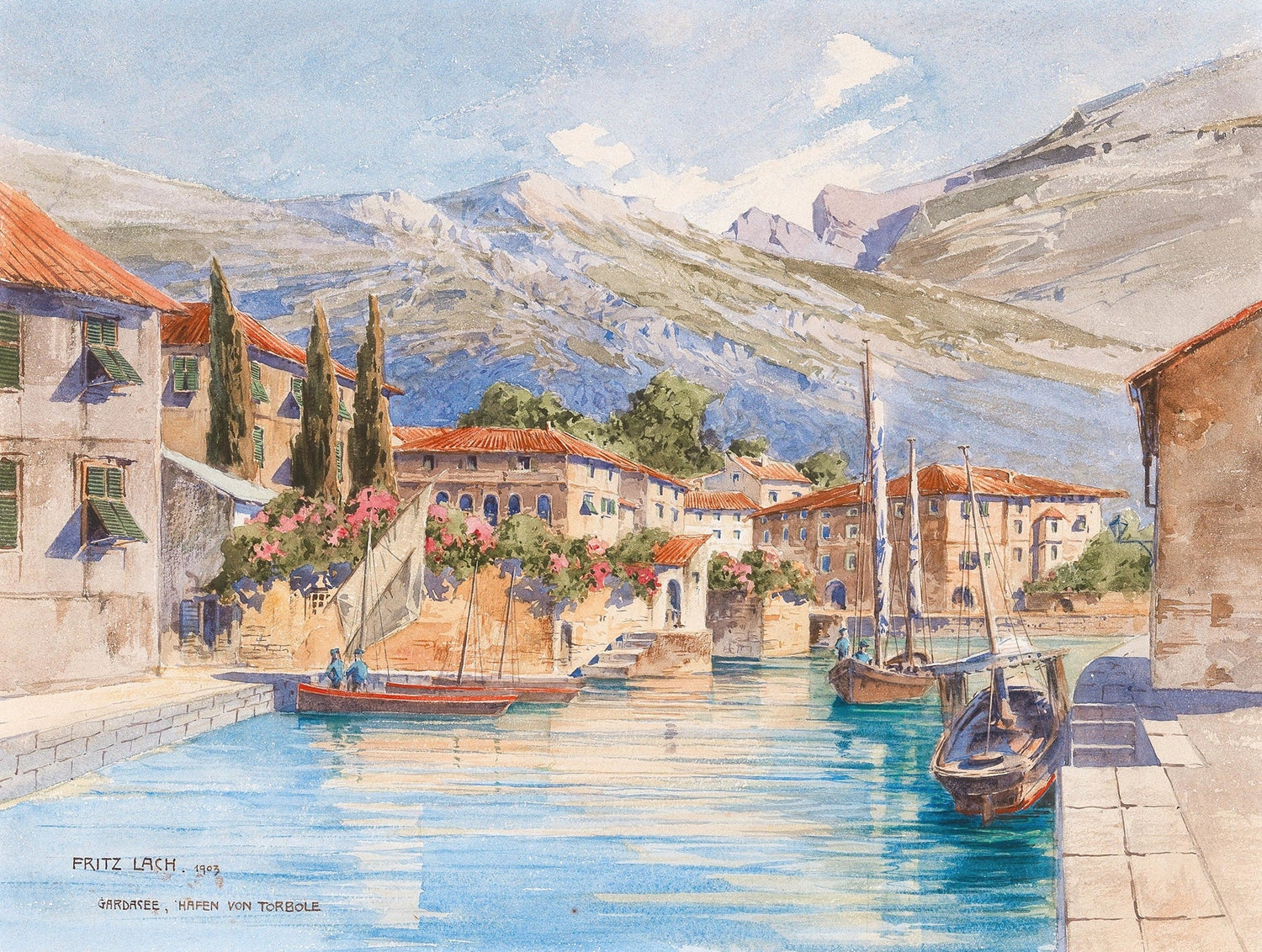 Hand-painted lakeside harbor village mountain view landscape oil painting on canvas