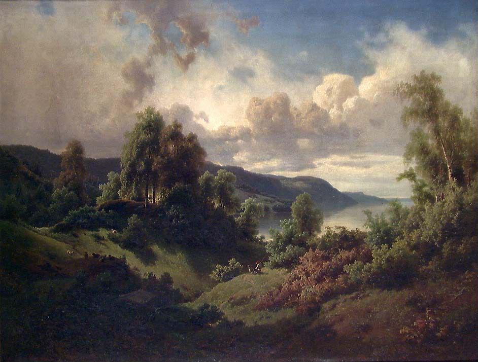 Hand-painted lakeside hills under dramatic clouds landscape oil painting on canvas