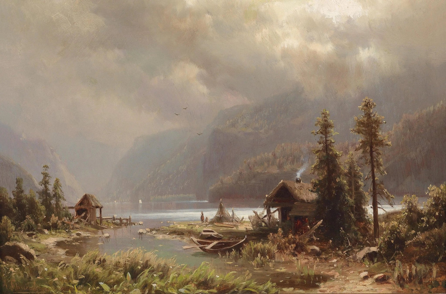 Landscape Oil Painting - Lakeside Huts with Boats & Figures - Oil Painting Haven