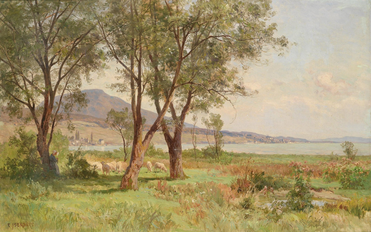 Hand-painted lakeside meadow with grazing sheep landscape oil painting on canvas