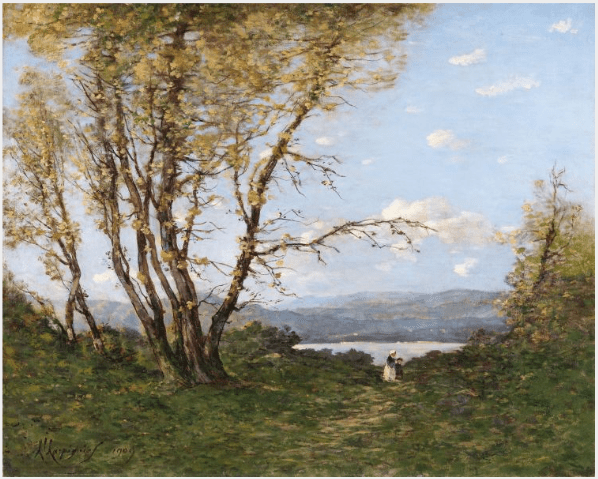 Hand-painted lakeside path with autumn trees landscape oil painting on canvas