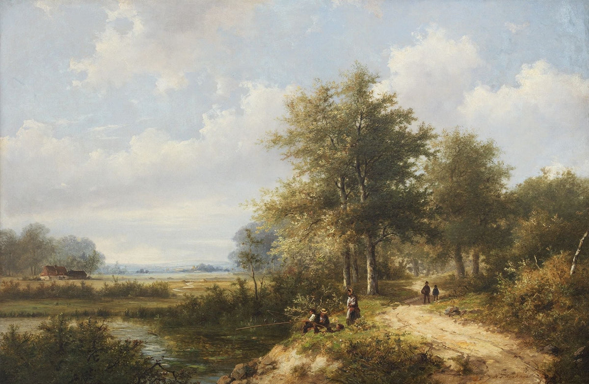 Hand-painted lakeside path with figures and tall trees landscape oil painting on canvas