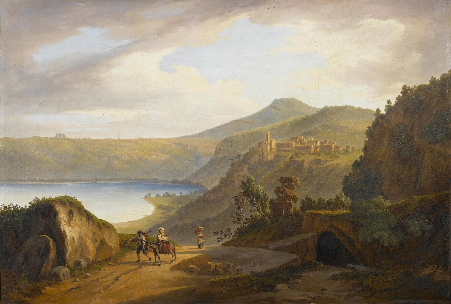 Hand-painted lakeside road with hilltop town landscape oil painting on canvas