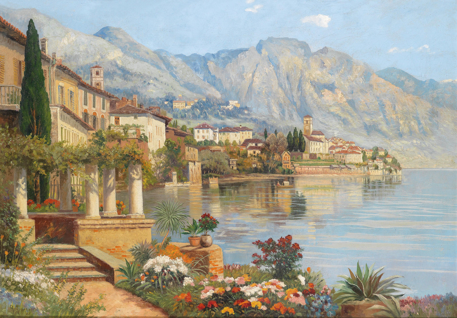 Landscape oil painting of a serene lakeside village with colorful flowers, rustic buildings, and towering mountains, hand. - Add Frame, Architecture, Canvas, Floral, Hand Painted, Lake, Landscape, Made To Order, Mountain, Oil Painting, Village