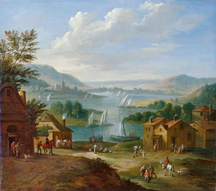 Hand-painted lakeside village with sailboats landscape oil painting on canvas