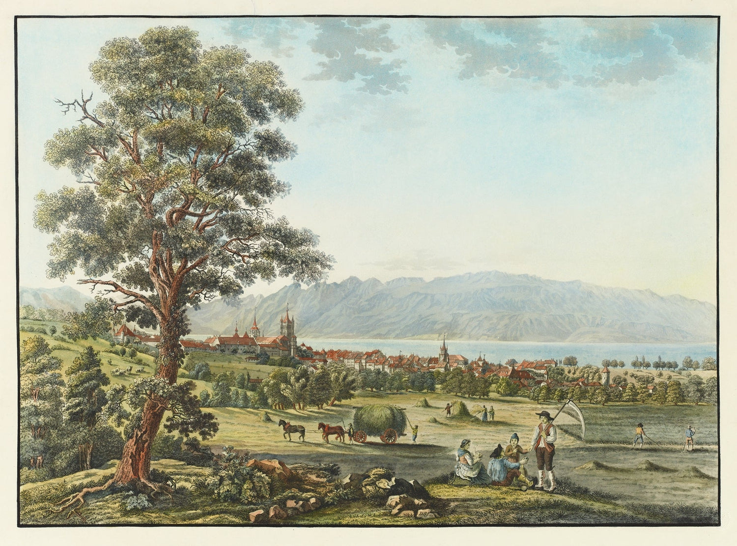 Hand-painted lausanne and lake geneva with harvesters landscape oil painting on canvas