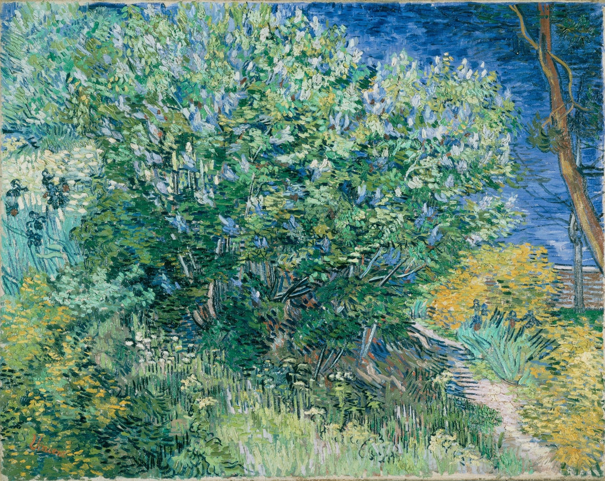 Hand-painted lilac bush garden with blue fence path landscape oil painting on canvas