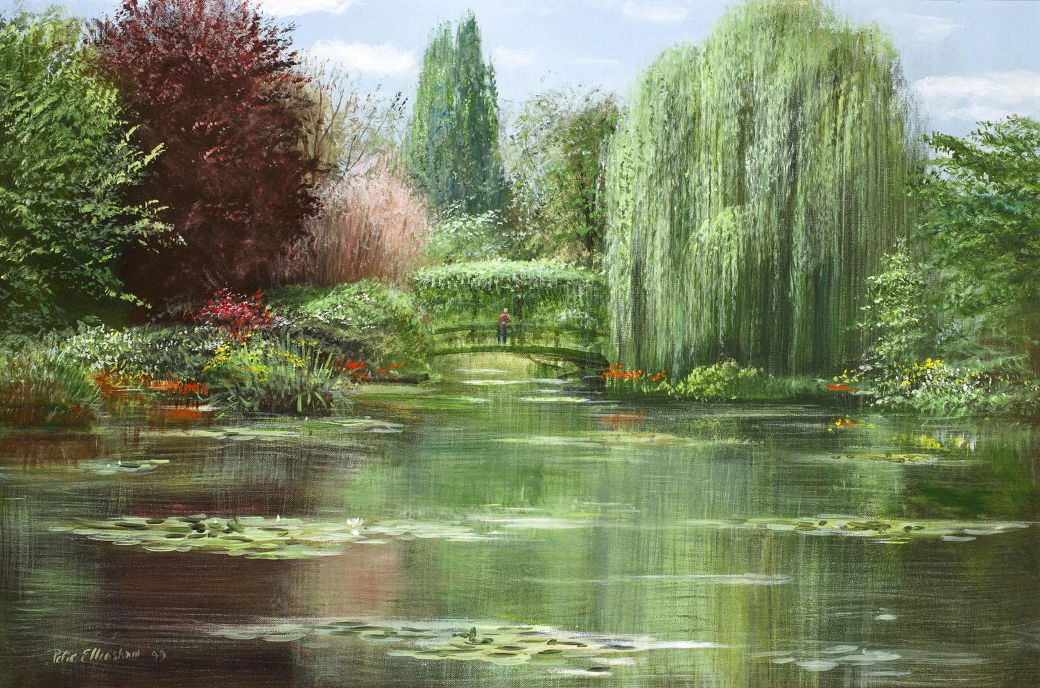 Landscape Oil Painting - Lily pond garden & weeping willow, lush foliage - Oil Painting Haven