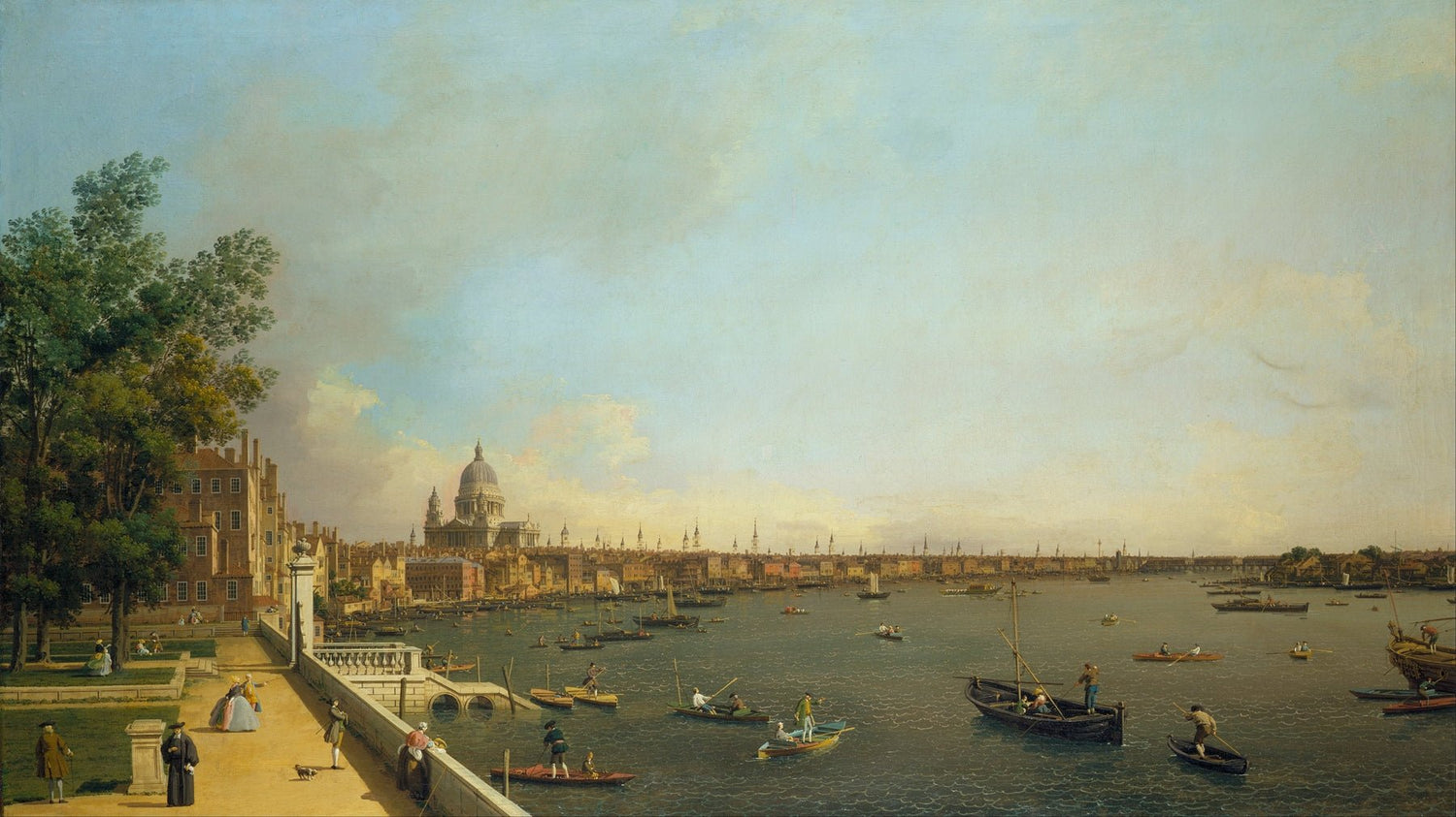 Hand-painted london thames with boats and st paul's landscape oil painting on canvas
