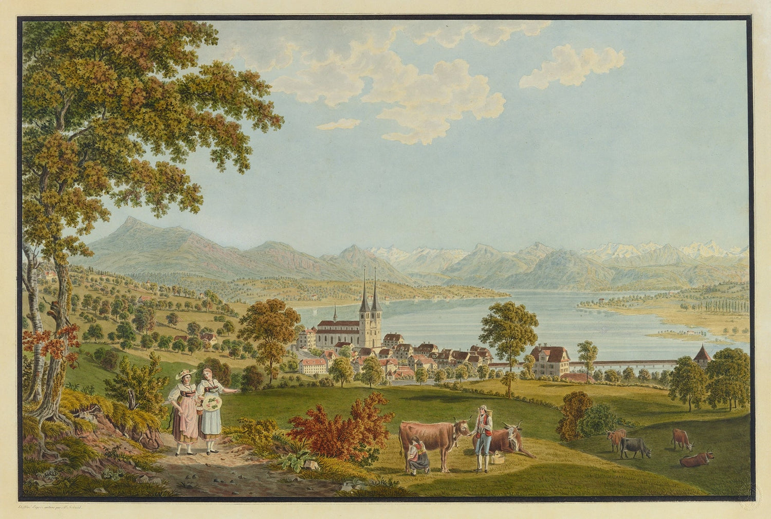 Hand-painted lucerne lake village with cows and alps landscape oil painting on canvas
