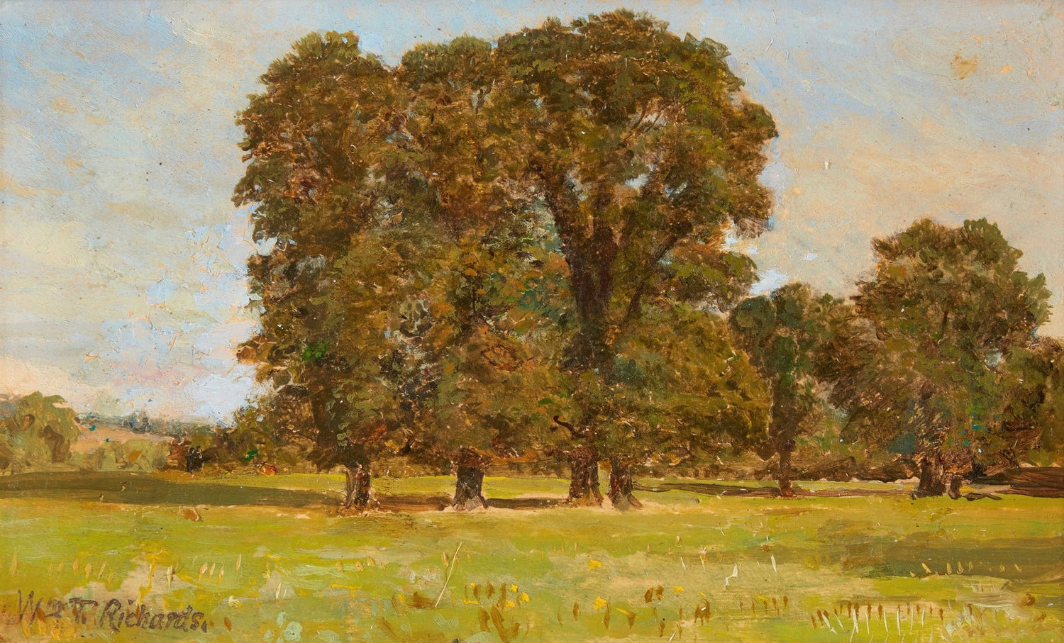 Landscape Oil Painting - Lush Large Tree Cluster & Sunlit Grassy Field - Oil Painting Haven