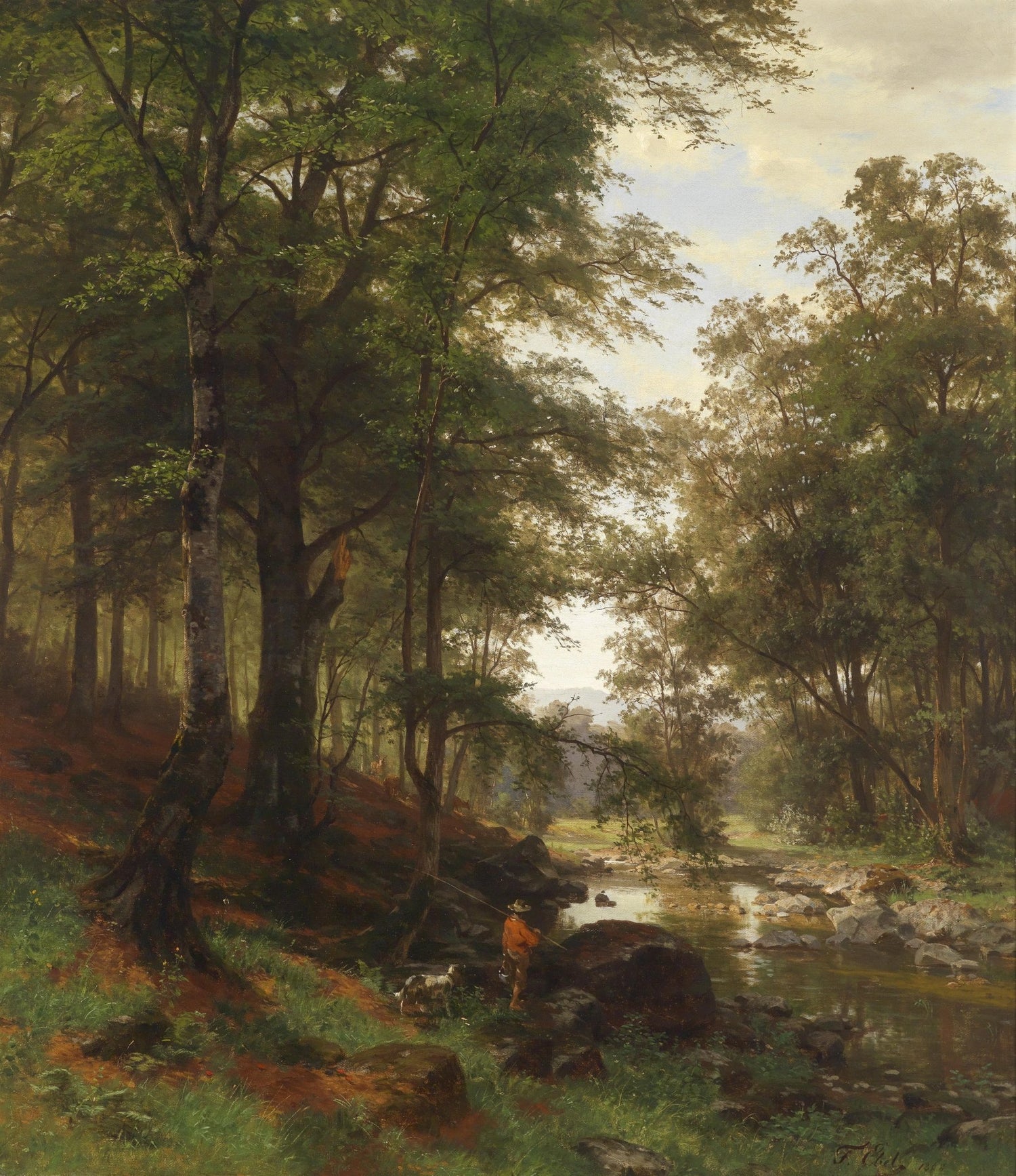 Landscape Oil Painting - Lush Sunlit Forest River & Fisherman, Woodland - Oil Painting Haven