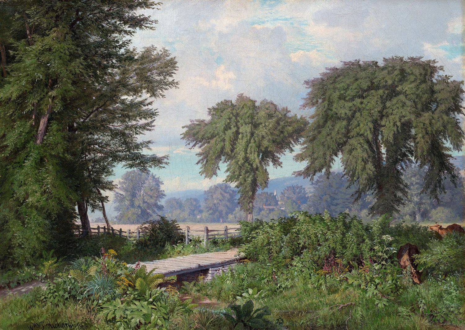 Landscape Oil Painting - Lush Trees, Wooden Footbridge & Country Field - Oil Painting Haven