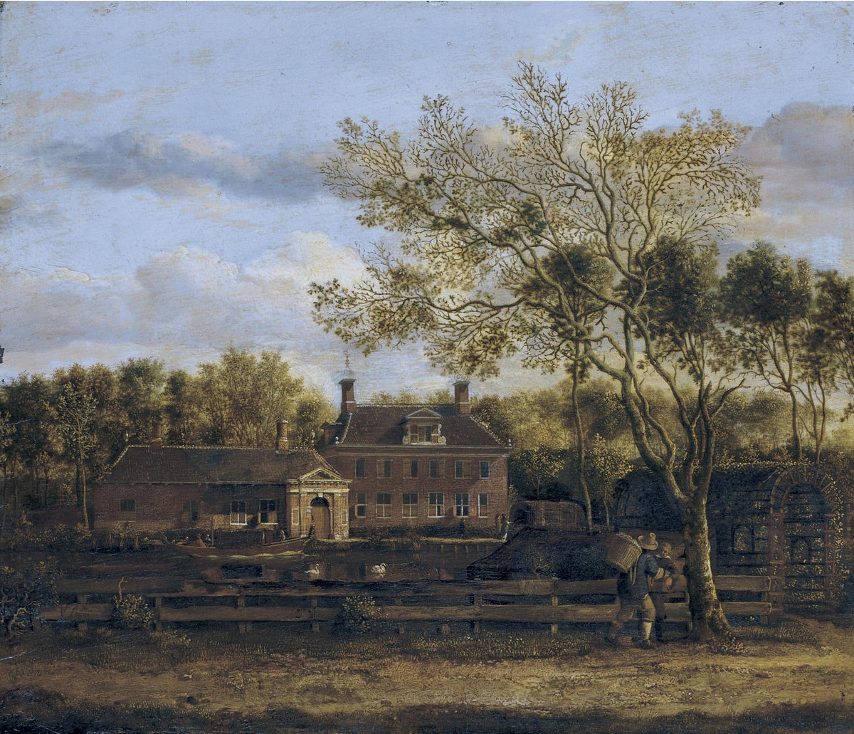 Hand-painted manor house by the pond with tall trees landscape oil painting on canvas