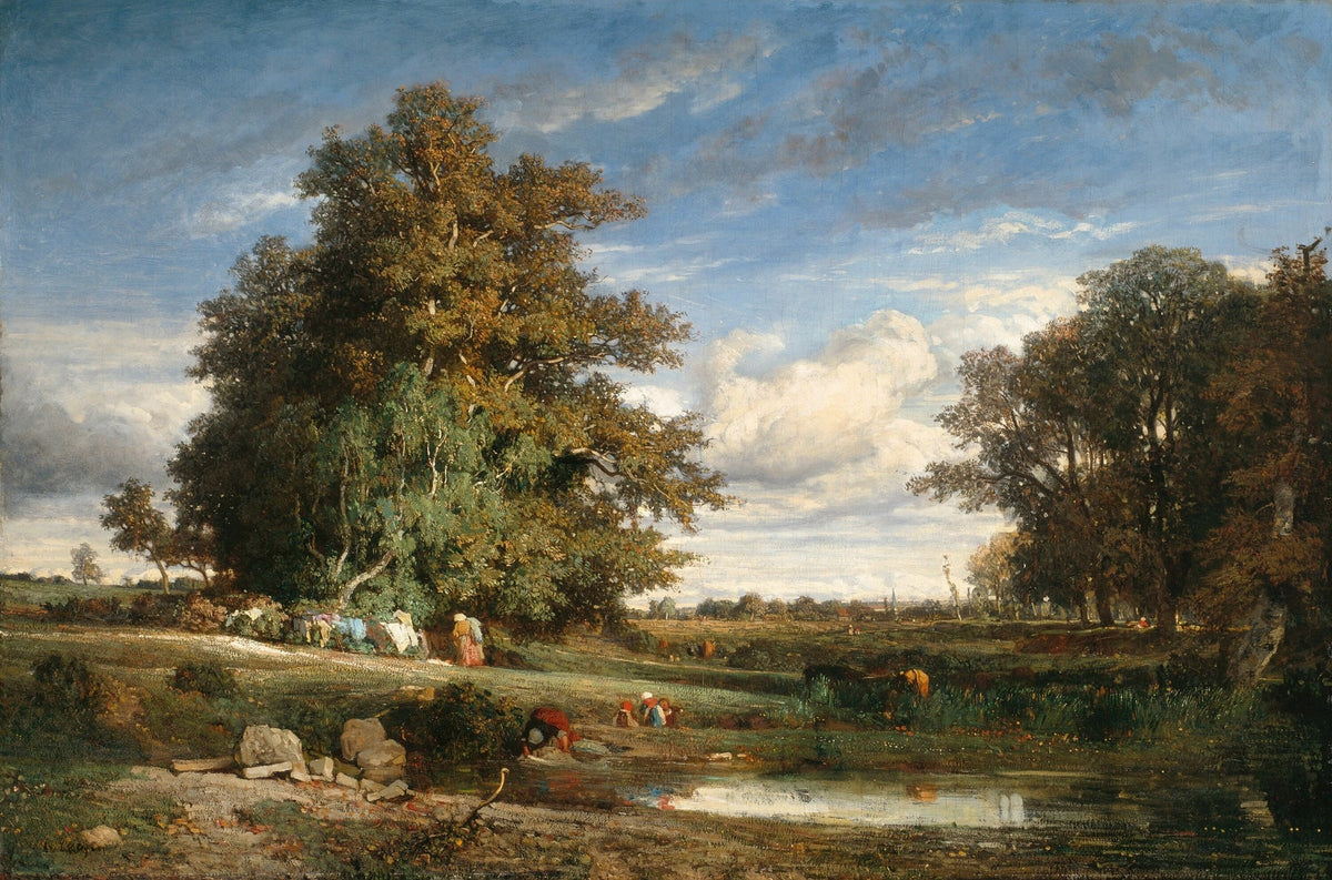 Hand-painted meadow with trees and harvest figures landscape oil painting on canvas
